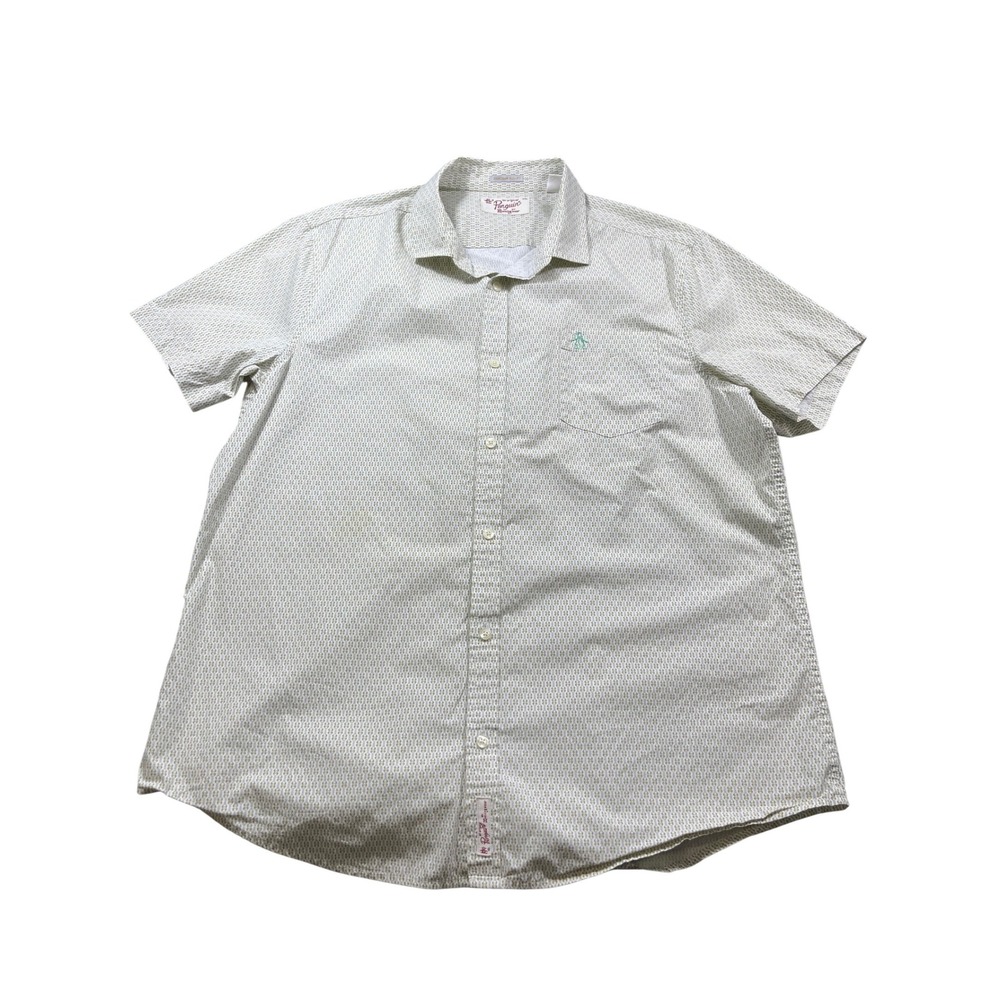 Original Penguin Shirt Mens XXL Beige Geo Short Sleeve Button Down Slim Fit